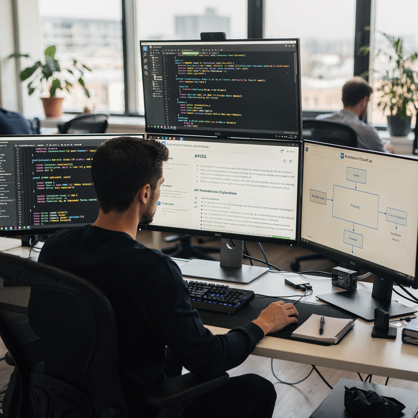 Software professional working with multiple screens representing AI in testing